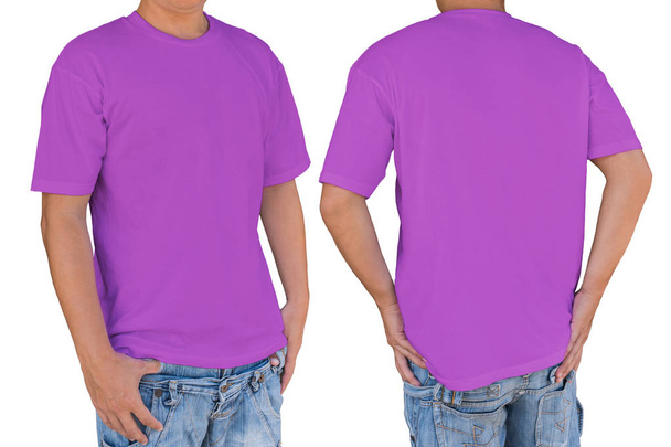 Man wearing blank deep lilac color t-shirt with clipping path, f - Photo, Image