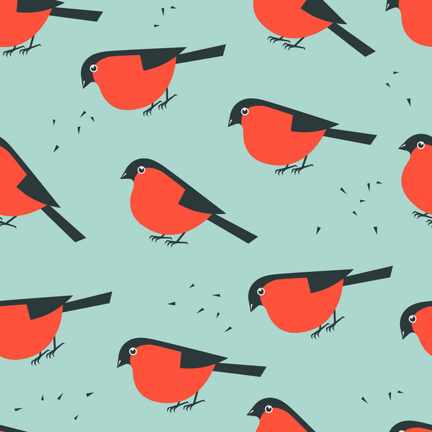 Vector seamless pattern with red cartoon birds. Cute flat illustration with bullfinches on a light blue background. Winter season. Christmas and  New Year time - ベクター画像