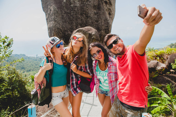 happy hipster company of friends traveling around world, sightse - Photo, image