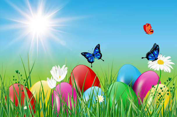 Весняний мотив з великодніми яйцями, травою та метеликами
 - Вектор, зображення