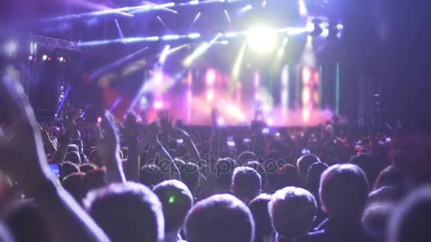 Mensen springen en zwaaiende handen, genieten van favoriete muziek en liederen tijdens concert - Video