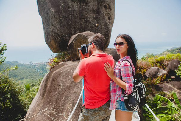 young happy hipster couple in love traveling around world, sight - Foto, imagen