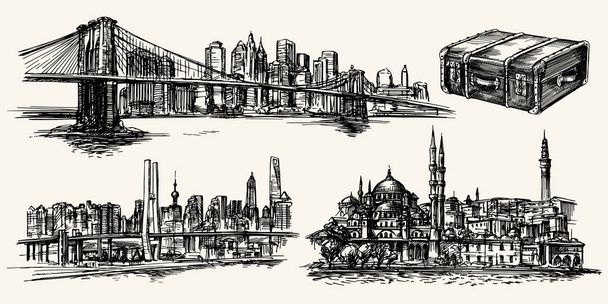 Ταξιδεύουν τον κόσμο, Νέα Υόρκη, Κωνσταντινούπολη, Σανγκάη - Διάνυσμα, εικόνα