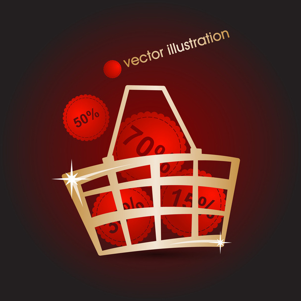 Gold market basket filled with red discounts. Vector illustration - Διάνυσμα, εικόνα