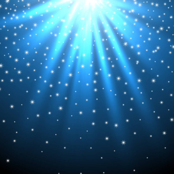 Χιονιού και αστέρια πέφτουν στο φόντο των μπλε φωτεινές ακτίνες. Εικονογράφηση διάνυσμα - Διάνυσμα, εικόνα
