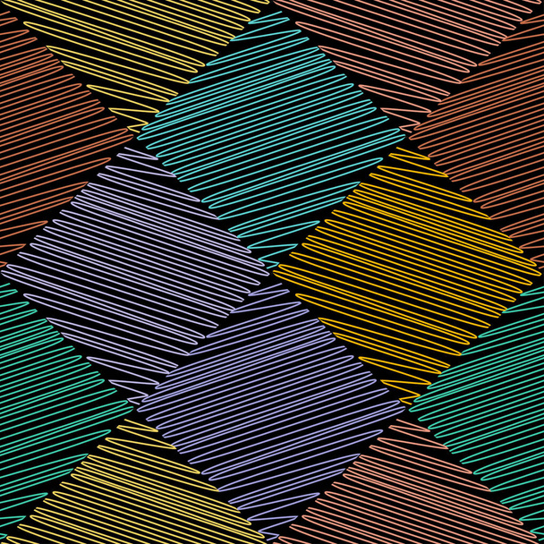 Patrón sin costuras de color cuadrático abstracto de líneas curvas sobre un fondo negro. Vector eps 10. Una colcha loca. Variante 1
. - Vector, imagen
