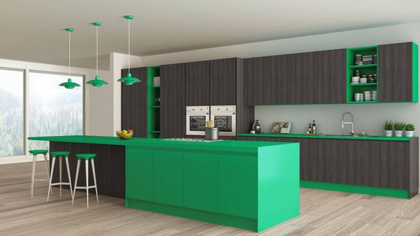 minimalistische Küche mit Holz und grünen Details, skandinavische - Foto, Bild