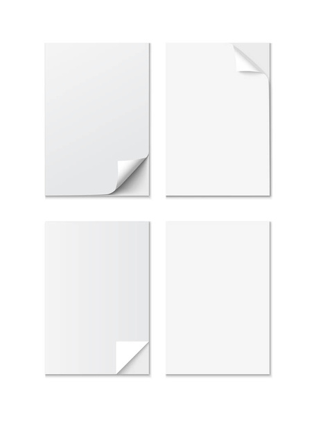 Zestaw biały A4 rozmiar arkusza papieru z różnych zakątków zwinięte, realistyczne wektor - Wektor, obraz