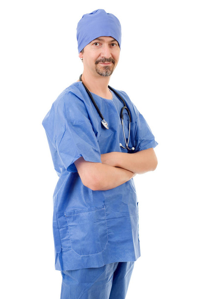 Smiling hospital doctor isolated over white background - Foto, Imagen
