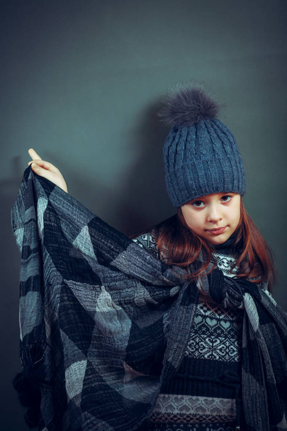 Portrait of young pretty funny smiling girl in cold weather dres - Photo, Image