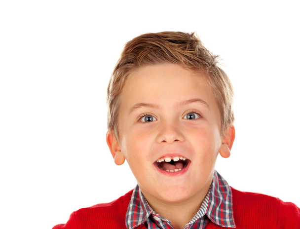 legrační malý chlapec v červené jersey - Fotografie, Obrázek