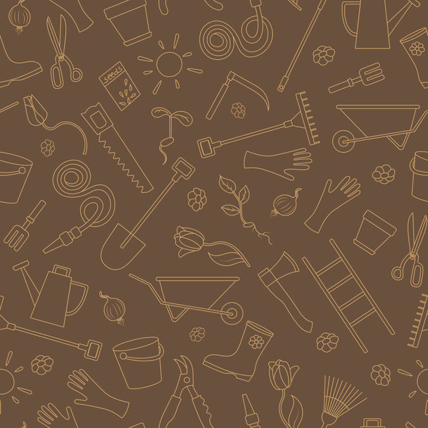 Seamless pattern on the theme of the garden , planting and growing harvest, a simple contour icons , beige contour on brown background - Вектор,изображение