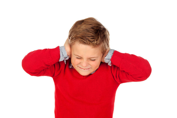 engraçada menino em vermelho jersey
 - Foto, Imagem