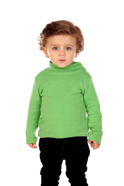 Adorable baby boy in green shirt - Фото, изображение
