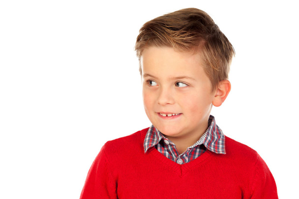 engraçada menino em vermelho jersey
 - Foto, Imagem