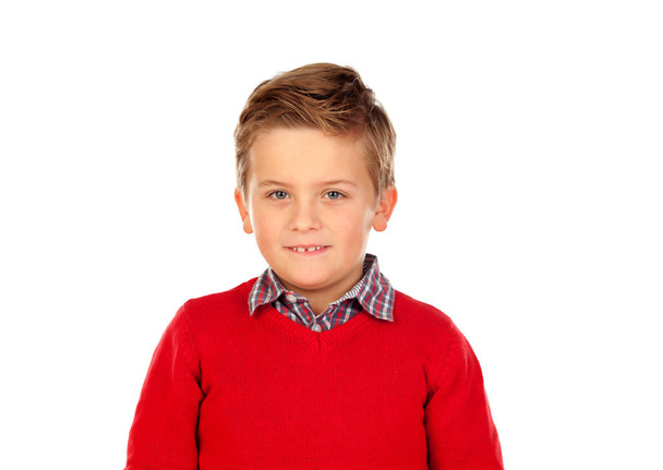 grappig jongetje in rode trui - Foto, afbeelding