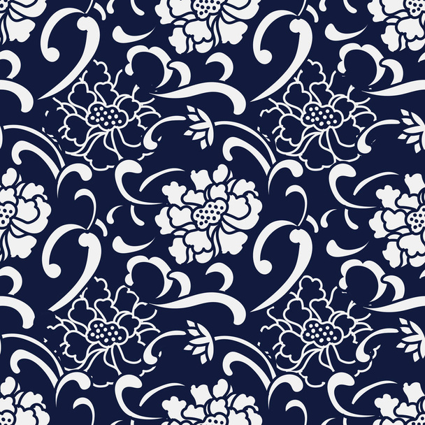 Sem costura azul japonês fundo espiral curva peônia flor
 - Vetor, Imagem