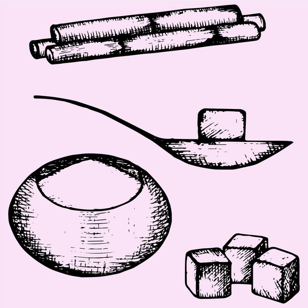 サトウキビ精製された白砂糖、スプーン、シュガー ボウル、キューブ  - ベクター画像