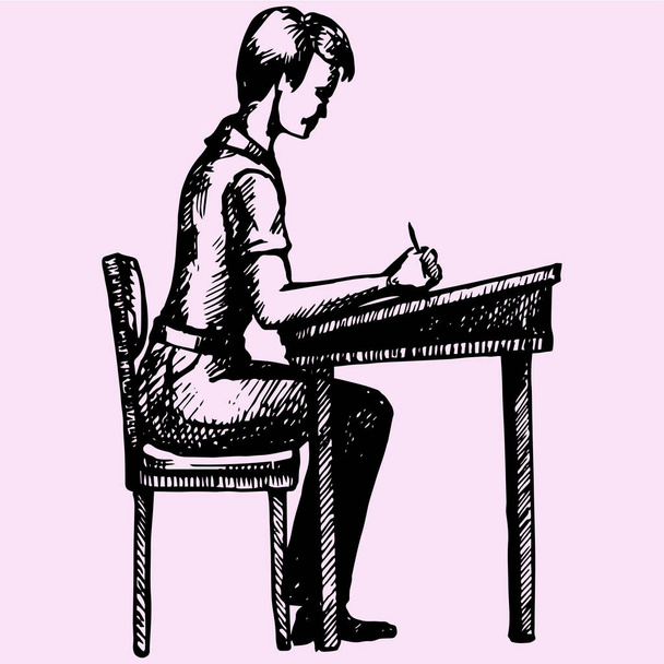 Colegial sentado en un escritorio de la escuela
  - Vector, Imagen