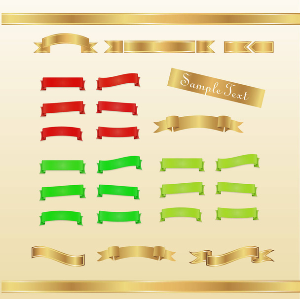 Set of red, gold and green ribbons and banners - Vector, imagen