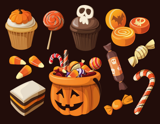 カラフルなハロウィンのお菓子やキャンディーのアイコンを設定 - ベクター画像