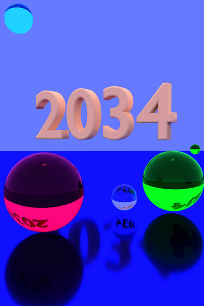 Rendering 3D di palline di vetro colorate su superficie riflettente e l'anno 2034
 - Foto, immagini
