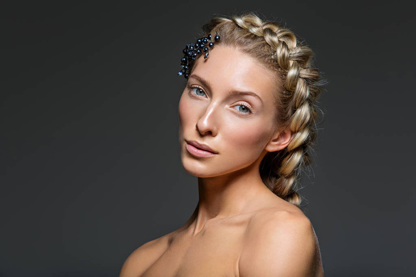 Beautiful girl with thick french braid - Photo, Image