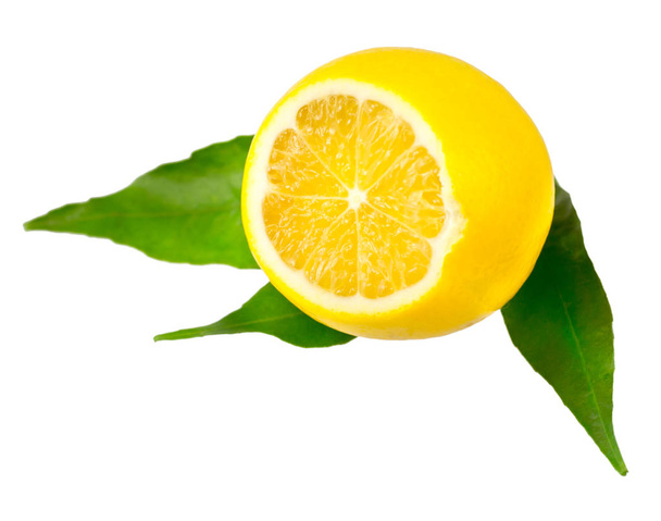 limón en rodajas con hojas aisladas sobre fondo blanco
 - Foto, imagen