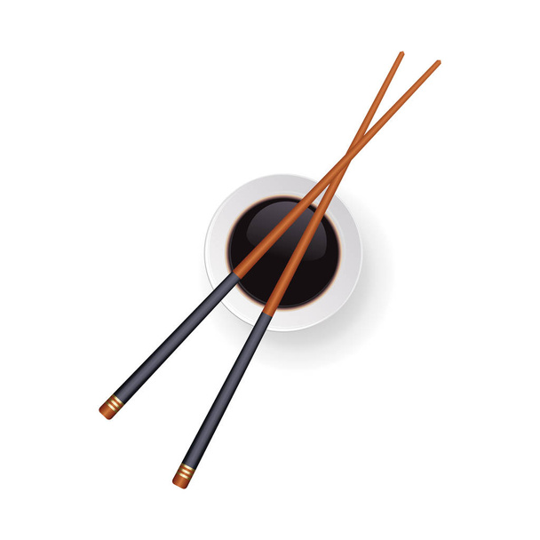 Japanese chopsticks sushi and soy sauce in a bowl. Top view. Vec - Vecteur, image