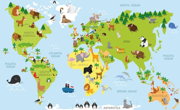 Divertido mapa del mundo de dibujos animados con animales tradicionales de todos los continentes y océanos. Ilustración vectorial
. - Vector, Imagen