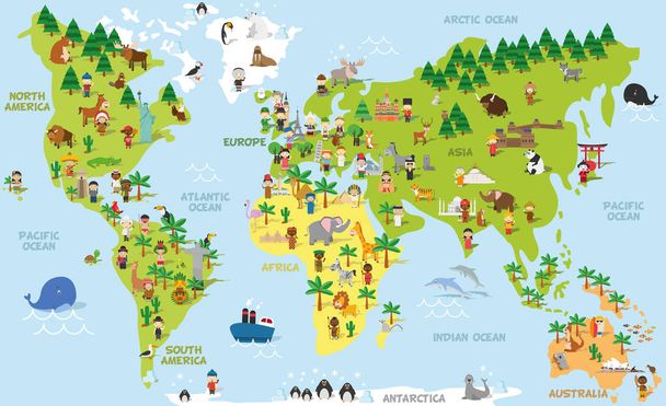 Divertido mapa del mundo de dibujos animados con niños de diferentes nacionalidades, animales y monumentos de todos los continentes y océanos. Ilustración vectorial
. - Vector, imagen