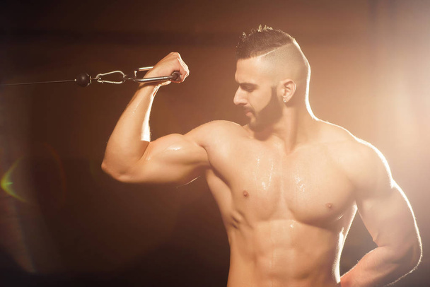 Young fit man training biceps in gym - Φωτογραφία, εικόνα