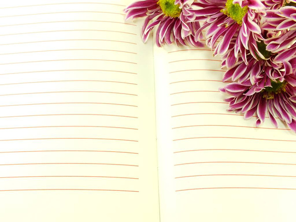open notebook and beautiful chrysanthemums pink flowers bouquet - Fotó, kép