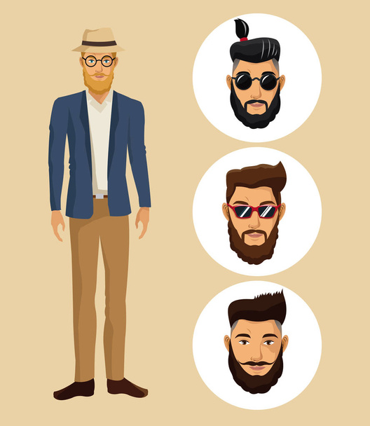 Человек, стоящий в шляпных очках, его борода и лица мужчины
 - Вектор,изображение