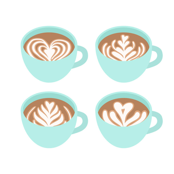 Cuatro tazas. Diferentes dibujos en espuma de café
. - Vector, Imagen