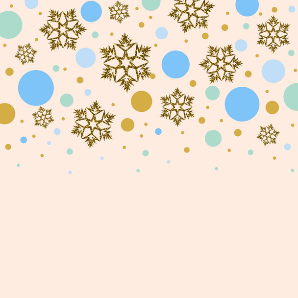 Παρασκήνιο με χρυσά νιφάδες χιονιού και πολύχρωμο κύκλους - Διάνυσμα, εικόνα
