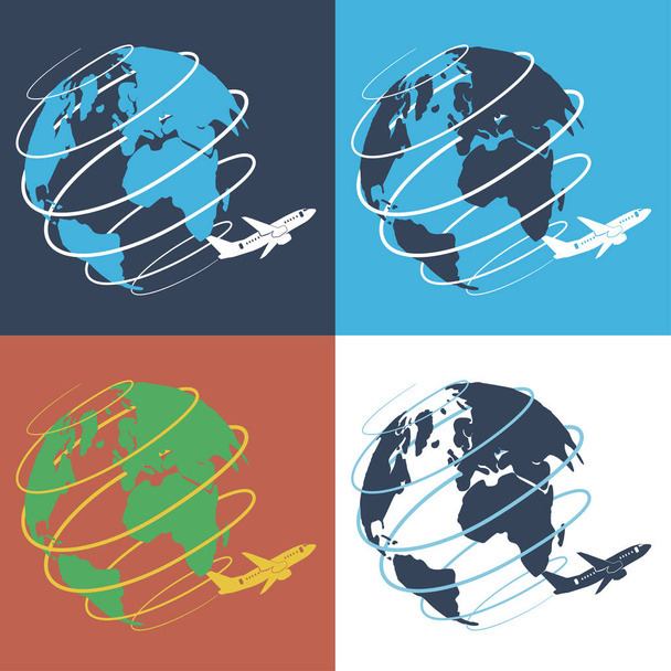 Globe and plane vector icons. Plane flies all over the world. Logo for travel agency. Traveling all around the world concept. - Vector, Image