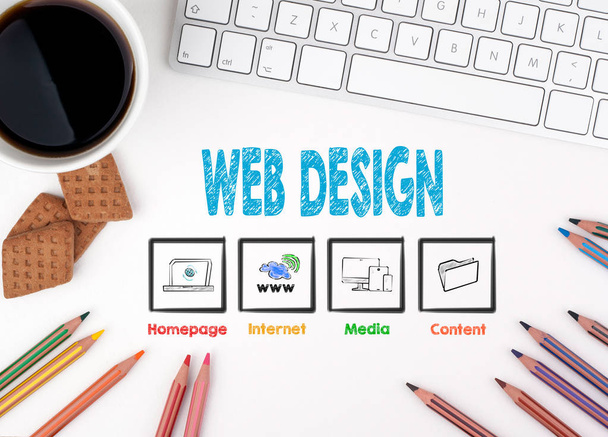 Diseño Web. Escritorio de oficina blanco Teclado de computadora, taza de café y lápices de colores
 - Foto, Imagen