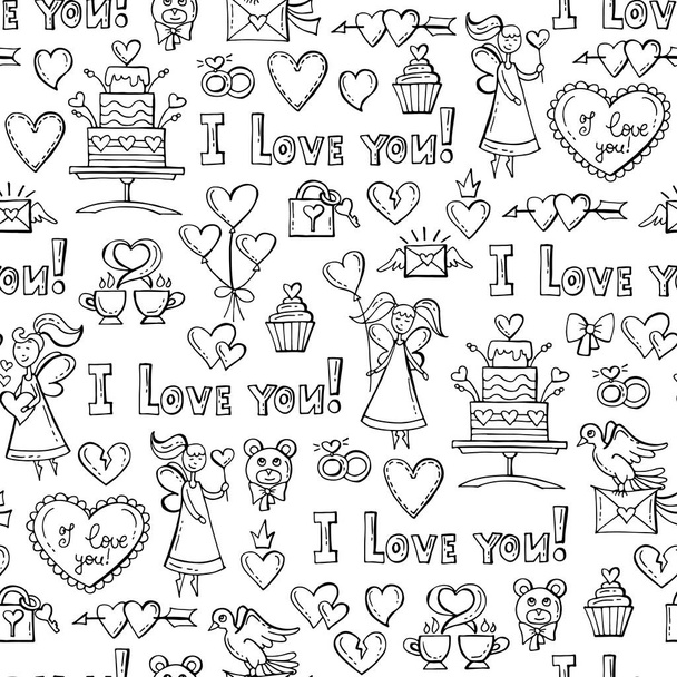 Vector pattern with hand drawn isolated symbols of Valentine's Day on white background. Pattern on the theme of love - Vector, Image