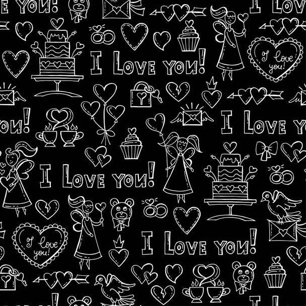 Vector pattern with hand drawn isolated symbols of Valentine's Day on black background. Pattern on the theme of love - Vector, Image