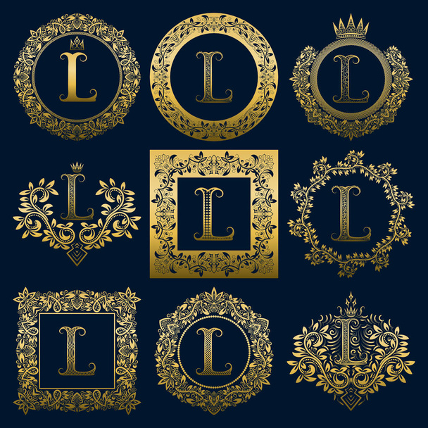 Vintage monograms set of L letter. Golden heraldic logos in wreaths, round and square frames. - Vector, Image