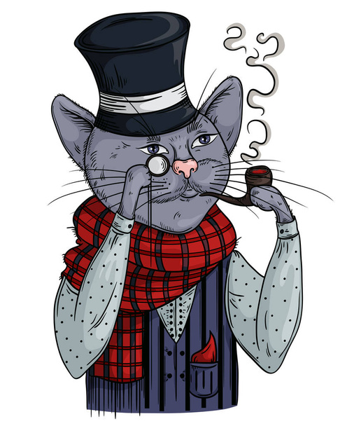 猫の山高帽の紳士、パイプとモノクル スカーフします。擬人化キャラクター。ヴィンテージ手描きのベクトル図 - ベクター画像