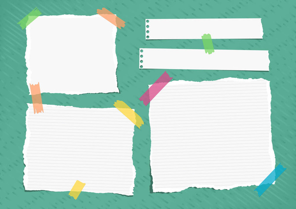 Разорванная белая записка, записная книжка, бумажные листы с цветной липкой лентой на ярко-зеленой подкладке
 - Вектор,изображение