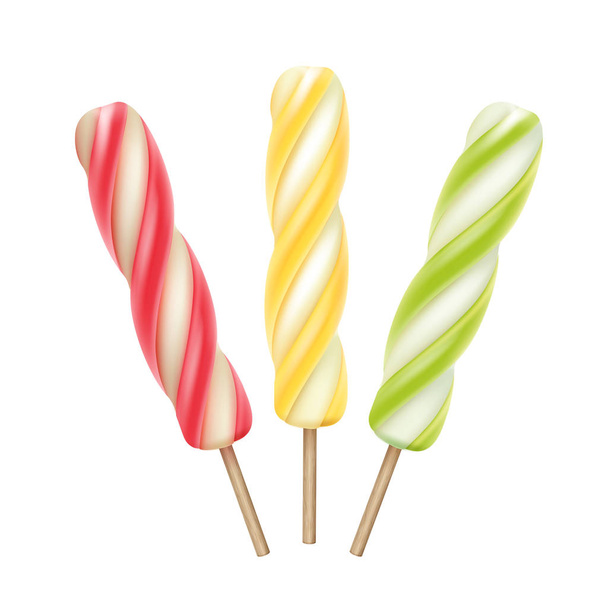 Vector Set of Yellow Pink Green Strawberry Cherry Mango Lemon Kiwi Mint Spiral Popsicle Lollipop Ice Cream Fruit Juice Ice on Stick Close up Isolated on Background - Vector, Image