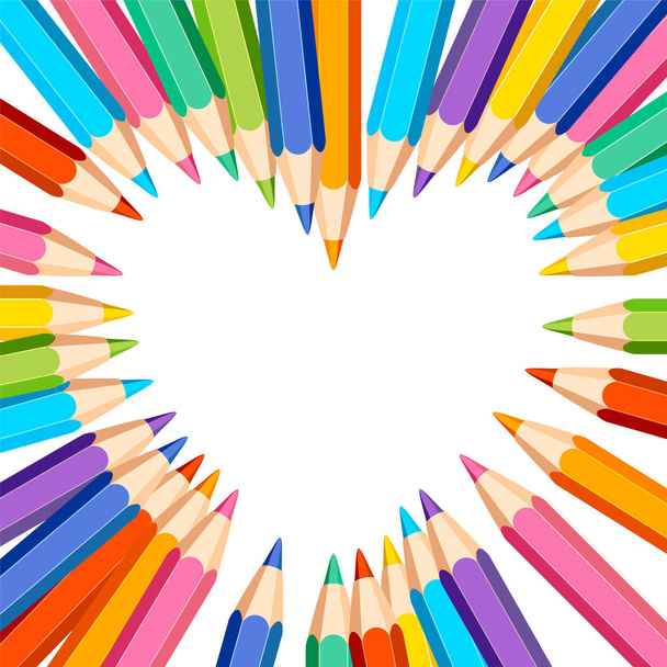 Heart frame of colored pencils on wite background - Vector, Image