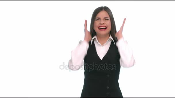 Girl in business clothes, eavesdropping on a white background - Metraje, vídeo