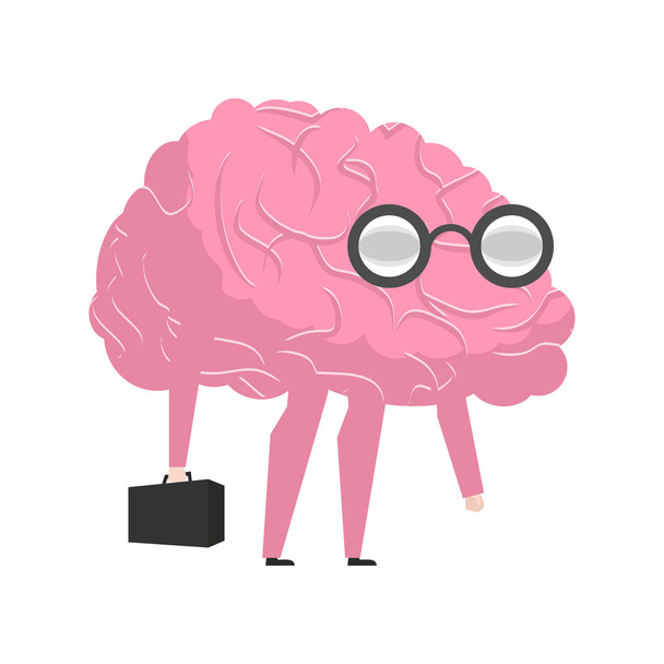 Έξυπνο εγκέφαλο φοράει γυαλιά και με βαλίτσα. ιδιοφυΐα ερευνητής - Διάνυσμα, εικόνα