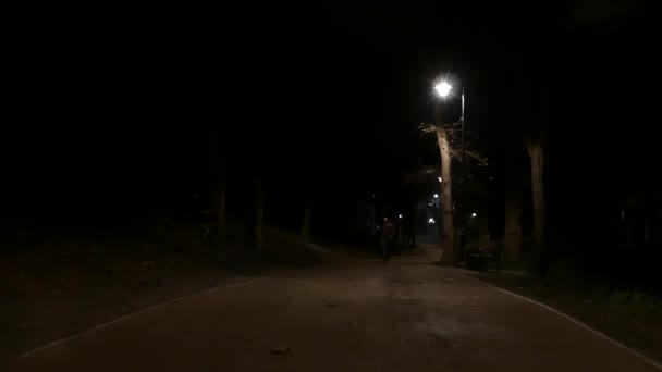 Dans, atlama, aydınlatılmış bir elektrik direği altında geceleri Parkway yürüyen genç bir kadın. - Video, Çekim