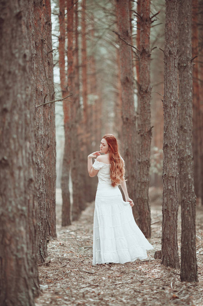 Ginger girl in white dress walking in pine forest. - Фото, зображення