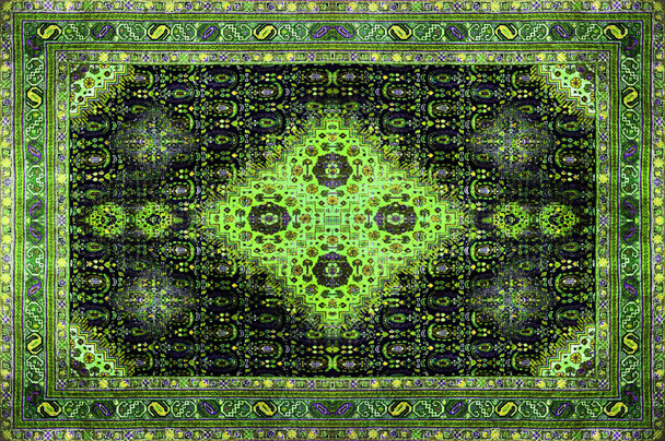 Perzisch tapijt textuur, abstract ornament. Rhombus mandala patroon, Midden-Oosten traditionele stof textuur. Turquoise groen blauw grijs bruin Limoen geel violet goud afgezwakt, handig als achtergrond - Foto, afbeelding
